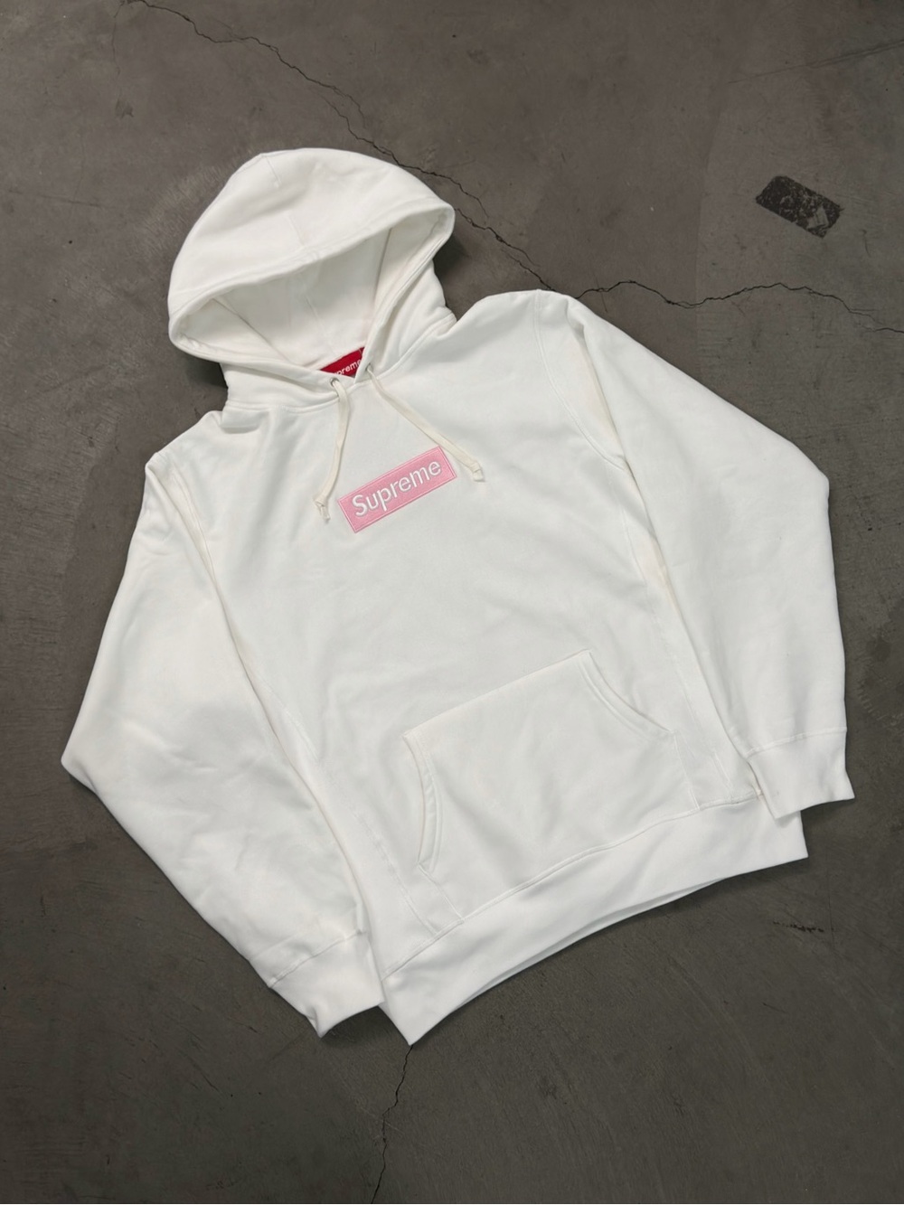 Supreme White Crewneck Hoodie with Pink Box Logo